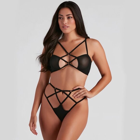 Windsor ✦ “String Me Up” Black Cage Bra & High‑Waist Panty Set ✦ Mesh Strappy M - Picture 3 of 3